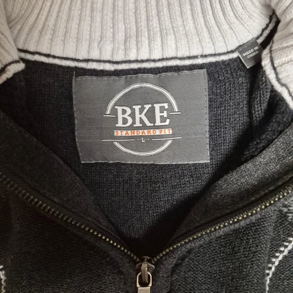 BKE Standard Fit Mens Argyle Quarter Zip Sweater Charcoal Grey Size L‎